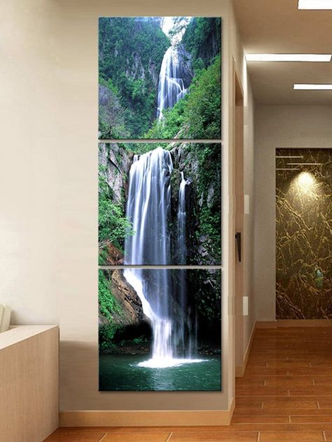 Split Canvas Painting Ideas, Long Canvas Painting Ideas Vertical, Waterfall Scenery, Hallway Paint, Long Painting, Mountain Waterfall, Waterfall Art, Waterfall Paintings, Waterfall Wall