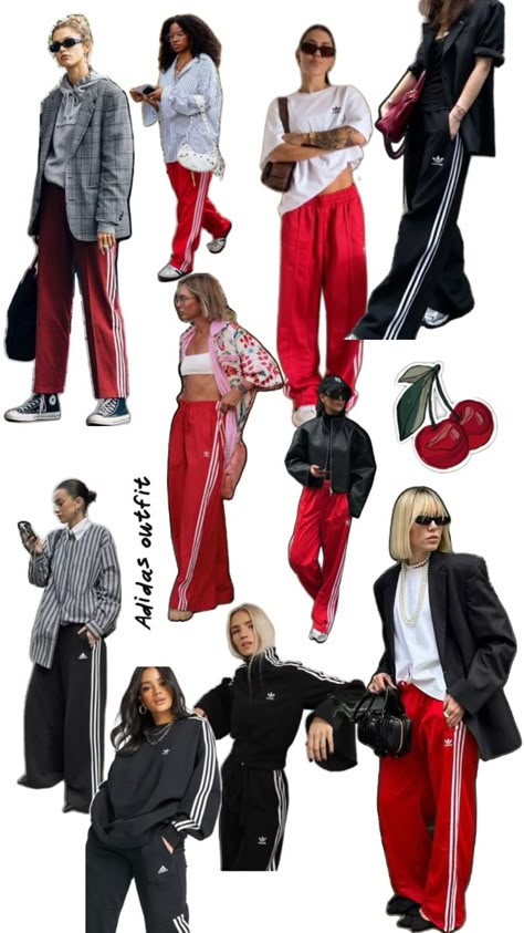 Hiphop Outfits Women, Red Adidas Pants Outfit, Outfit Tuta, Red Adidas Pants, Hiphop Outfit, Sweatshirt Sweatpants Outfits, Adidas Pants Outfit, Grandpa Fashion, Sport Elegant