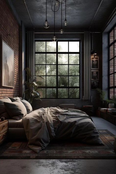 Modern Industrial Bedroom Design, Modern Industrial Bedroom, Dark Modern Bedroom, Modern Grey Bedroom, Industrial Bedroom Design, Bedroom Wall Paint, Trendy Bedroom, Dream Decor, Home Wallpaper