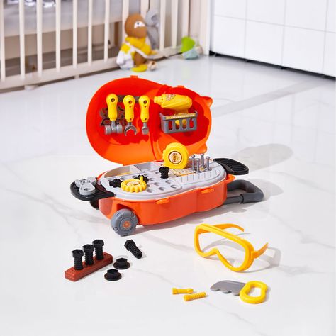 Introduce your child to the world of tools and repair work with this cartoon repair tool toy set. Shaped like a cute orange bear, this kit can soon win the hearts of children. It includes a variety of accessories such as goggles, screws, saws, hammers, wrenches and nails, which can be all stored in the case when playtime is over. The little repairmen can fulfil all kinds of repairing tasks, enhancing their hands-on abilities while promoting practical skills, making it perfect for enjoyable parent-child bonding time. Playtime Is Over, Toy Playsets, Kids Holiday, Hammers, Saws, Holidays With Kids, Toy Sets, Toy Figures, Pretend Play