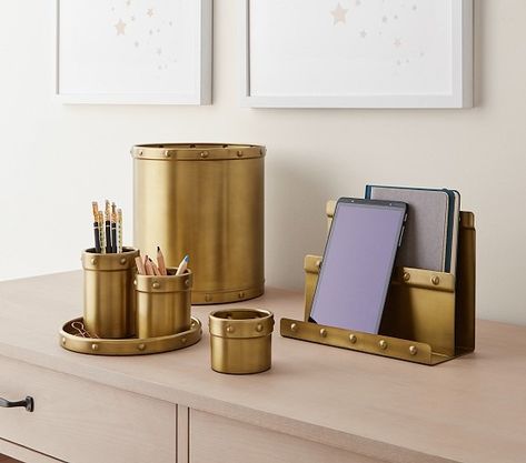 All Decor | Pottery Barn Kids Industrial Chic Desk, Desk Accessories Chic, Gold Desk Accessories, Chic Desk, Gold Desk, Accessories Organizer, Waste Bin, Insulated Lunch Box, Organization Kids