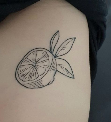 Fine Line Style Tattoo, Fruit Line Tattoo, Lemon Tattoo Ideas, Cute Lemon Tattoo, Lemon Fine Line Tattoo, Fine Line Fruit Tattoo, Lemon Tattoo Black And White, Fine Line Lemon Tattoo, Cool Fine Line Tattoos