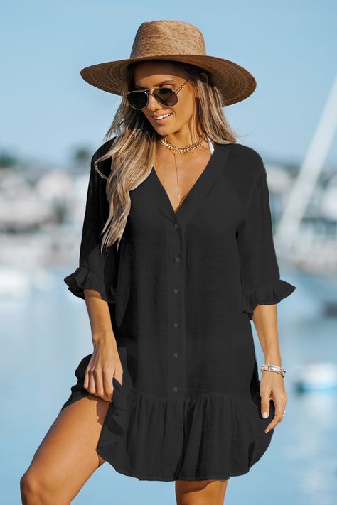 Find your perfect beach look with Cupshe's Ruffled Cover-Up Dress. Shop our selection of swimwear, beach dresses, and accessories to create a stylish and effortless beach outfit. Robes Glamour, Short Tunic, Swim Cover Up Dress, Ruffle Long Sleeve, Flounced Dress, Loose Fitting Dresses, Mua Sắm, Cover Up Dress, Outfit Casual