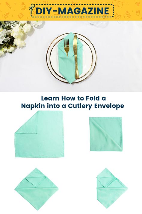 How to fold a napkin into a Cutlery Envelope Spoon And Fork Napkin Fold, Fold An Envelope, Pocket Napkin Fold, How To Fold Napkins, Fold A Napkin, Fold Napkins, Easy Napkin Folding, Paper Napkin Folding, Envelope Tutorial