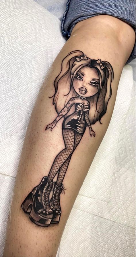 Bratz Sleeve Tattoo, Goth Barbie Tattoo, Sasha Bratz Tattoo, Goth Leg Tattoos Women, Bratz Fairy Tattoo, Girly Patchwork Tattoo Sleeve, Bratz Doll Tattoo Stencil, Bratz Inspired Tattoo, Bratz Dolls Tattoos