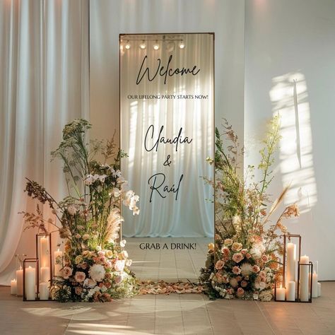 Wedding Front Entrance Decor, Wedding Photo Corner Ideas, Engagement Mirror Sign, Mirror Welcome Wedding Sign, Welcome Board Mirror, Mirror Welcome Board, Welcome Sign Wedding Mirror, Engagement Mirror, Reception Mirror