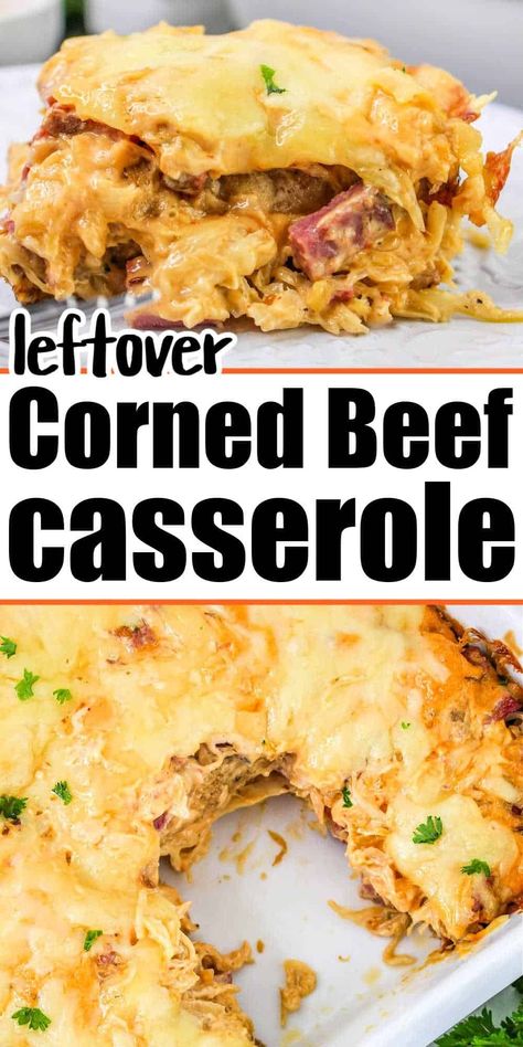 Leftover corned beef casserole with noodles or bake in oven as reuben casserole with sauerkraut. Best way of how to use leftover corned beef. Corned Beef Ideas, Corned Beef Casserole, Casserole With Noodles, Easy Corned Beef, Corned Beef Leftovers, Reuben Casserole, Beef Ideas, Canned Corned Beef, Cabbage Casserole Recipes