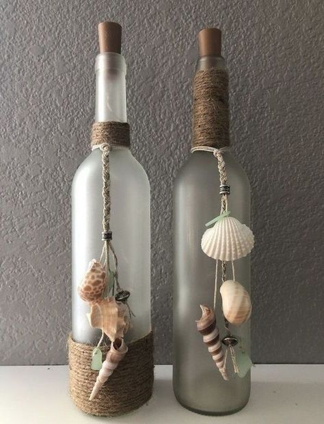 Seashell Decor Ideas, Twine Wrapped Bottles, Wrapped Bottles, Burlap Crafts Diy, Terrarium Jar, Seashell Mirror, Seashell Wall Art, Gel Candles, Rustic Coastal