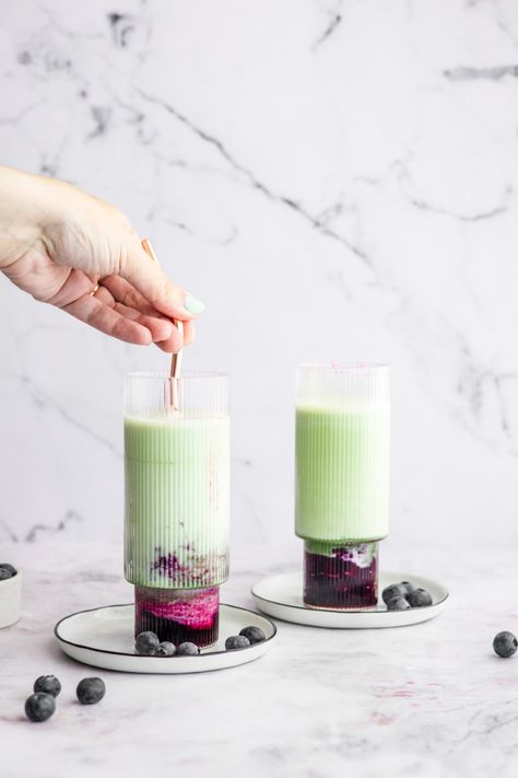 Blueberry Matcha Latte, Blueberry Matcha, Blueberry Yogurt Muffins, Yogurt Muffins, Cold Coffee Recipes, Ceremonial Grade Matcha, Blueberry Compote, Themed Desserts, Healthy Treat