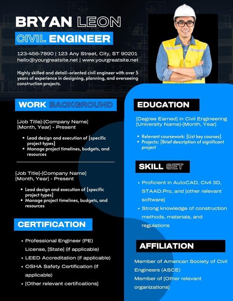 Civil Engineer CV Dark Blue Modern Template Civil Engineer Cv, Civil Engineering Portfolio Design, Civil Engineering Jobs, Engineering Jobs, Education Degree, Online Graphic Design, Graphic Design Tools, Logo Banners, Cityscape Photos