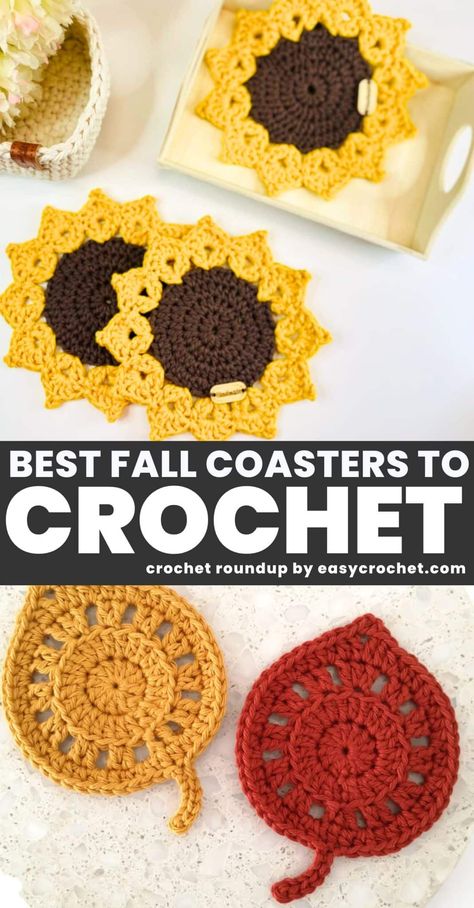 Crochet Pumpkin Trivet Pattern, Thanksgiving Crochet Coasters, Crochet Fall Coasters, Fall Crochet Patterns Free, Worsted Weight Yarn Patterns, Cotton Yarn Patterns, Fall Coasters, Fall Crochet Projects, Pumpkin Coasters