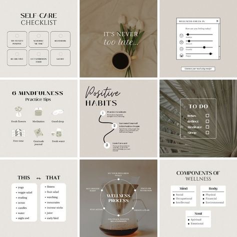 Health and wellness Instagram post ideas for wellness coaches and yogis, including Canva templates to help you create visually appealing and engaging #Informational_Instagram_Posts #Coach_Aesthetic #Aesthetic_Instagram_Posts #Etsy_Canva Informational Instagram Posts, Mindfulness Instagram Feed, Health And Wellness Instagram Feed, Wellness Instagram Feed, Wellness Instagram, Carousel Post, Wellness Content, Case Study Design, Canva Instagram Templates