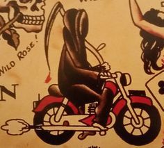 Traditional/old school tattoo, sailor jerry, grim reaper, motorcycle Grim Reaper Tattoo Ideas, Reaper Tattoo Ideas, American Traditional Tattoo Sleeve, Life Is Fleeting, Sailor Jerry Tattoo Flash, Tattoo Sleeve Filler, Sailor Tattoos, Grim Reaper Tattoo, Sailor Jerry Tattoos