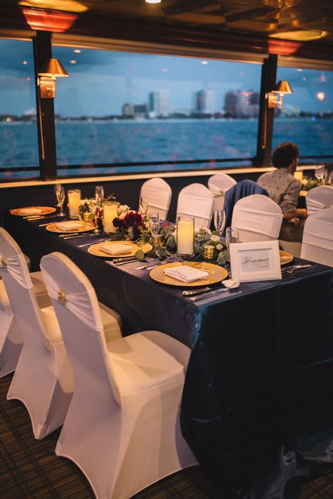 Yacht Rehearsal Dinner, Boat Reception Wedding, Chicago Boat Wedding, Boat Rehearsal Dinner, Yacht Wedding Decor, Yacht Wedding Ideas, Boat Wedding Reception, Yacht Wedding Reception, Boathouse Wedding