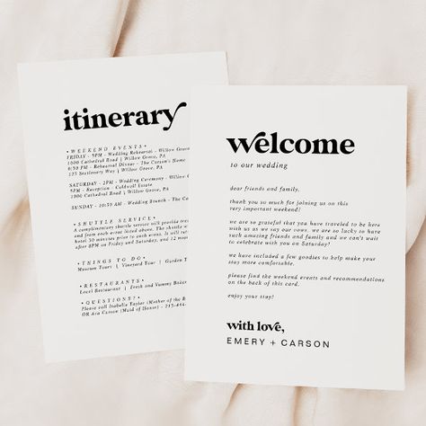 Modern Black Wedding Welcome Letter & Itinerary Modern Black Wedding, Wedding Welcome Letter, Wedding Welcome Letters, Hotel Welcome Bags, Destination Wedding Welcome Bag, Welcome Letter, Wedding Itinerary, Welcome Card, Welcome Letters