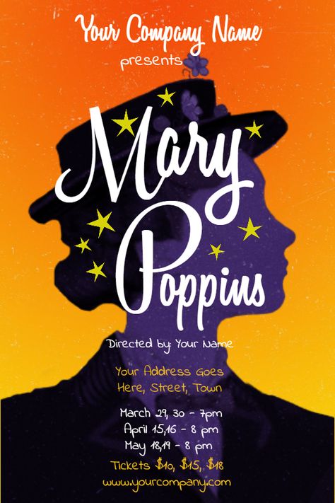 Mary Poppins play poster template. Click to customize. Romeo And Juliet Poster, Musical Theatre Posters, Play Poster, Promotional Flyers, Musical Plays, Theatre Poster, Mary I, Theatre Design, School Play