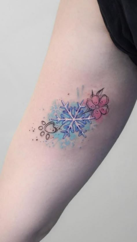 Feminine snowflake with paw print and flower tattoo Watercolor Celestial Tattoo, Snowflake Tattoos, Side Tat, Snowflake Tattoo, Winter Tattoo, Snow Tattoo, Animals Tattoos, Tato Minimal, Snow Flake Tattoo