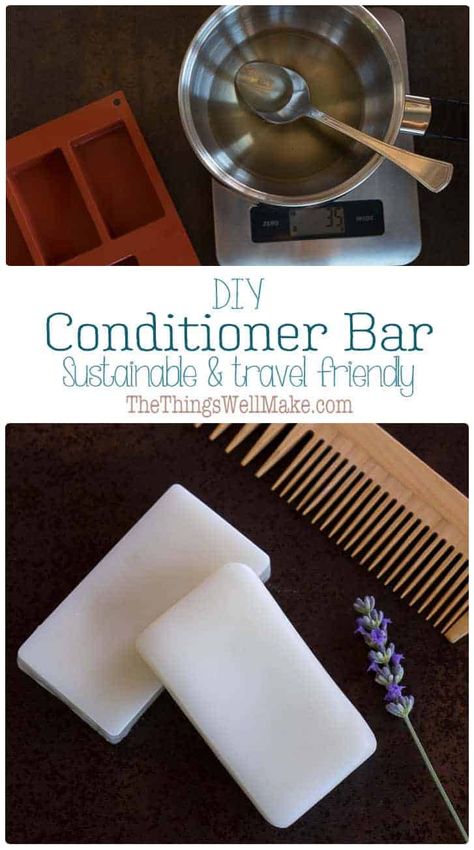 Sustainable and travel-friendly, a conditioner bar is a convenient way to keep your hair healthy, conditioned, and tangle-free. Learn how and why to make your own conditioner bar. #thethingswellmake #diy #conditionerbar #haircare #sustainable #tavelfriendly Diy Conditioner Bar, Conditioner Bar Recipe, Hair Conditioner Recipe, Homemade Liquid Soap, Diy Hair Conditioner, Diy Shampoo Recipe, Diy Shampoo Bar, Homemade Shampoo Bar, Homemade Conditioner