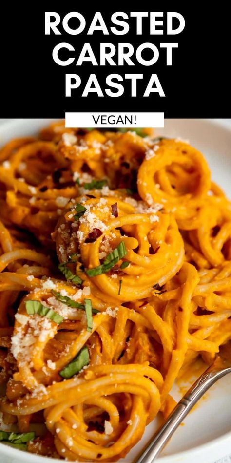 This vegan roasted red pepper and carrot pasta is a healthy way to sneak veggies into your diet! This pasta recipe is made with roasted carrots and is nut free, easy to make and so healthy. Perfect for a quick family dinner. Recipes With Carrots, Nana Crafts, Healthier Dinners, Red Pepper Pasta Sauce, Vegan Entree Recipes, Histamine Foods, Carrot Pasta, Quick Vegetarian Dinner, Vegan Pasta Sauce