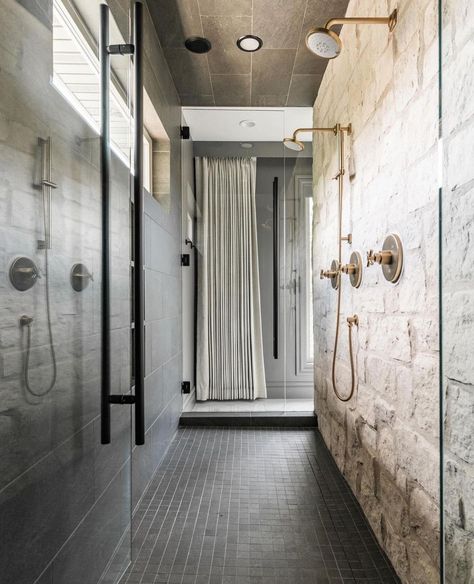 Bathroom Tour! Make sure to scroll right to see this incredible bathroom!! Design: @homewardesign 📷: @rebekahwestoverphotography Mountain House Bathroom, Stone Shower Walls, Fireplace Bathroom, Long Vanity, Bathroom Tour, Stone Tile Bathroom, Lake House Bathroom, Utah Style, Instagram Bathroom