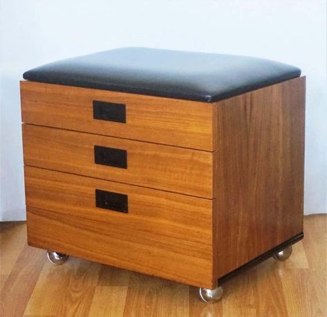 For Sale on 1stDibs - Striking midcentury Danish design storage stool, multifunctional with a removable top offering useful storage and two additional drawers. One of the drawers Stool Multifunctional, Sofa Couch Design, Storage Side Table, Table With Wheels, Leather Storage Ottoman, Couch Design, Leather Storage, Storage Stool, Ottoman Stool