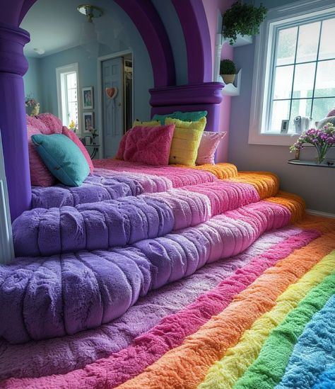 Cozy Living Room And Kitchen, Rainbow Bedroom Ideas Kids, Rainbow Girls Bedroom, Rainbow Rooms, Rainbow Kids Room, Rainbow Bed, Rainbow Lights, Rainbow Bedroom, Colorful Room Decor