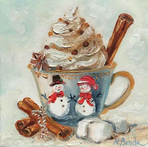 Small Canvas Winter Paintings, Hot Cocoa Painting On Canvas, Oil Pastel Drawings Christmas, Christmas Presents Painting, Christmas Oil Pastel, Christmas Oil Paintings, Christmas Snowman Painting, Ali Kay, Oil Painting Christmas