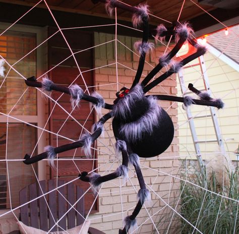 The Big Fat Store-Bought Spider in my Web Halloween Outdoors, Giant Spider Web, Big Spiders, Giant Spider, Adornos Halloween, Black Spray Paint, Halloween Door Decorations, Halloween Decorating, Orange House