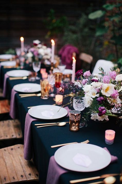 13 Decorations for Your 30th Birthday Party | Brit + Co Lavendar Wedding Aesthetic, Nice Table Settings, Moody Lavender Wedding, Dark Tablecloth Wedding, August Wedding Aesthetic, Purple Table Settings, Blackberry Whiskey, Intimate Party, Tablecloth Wedding