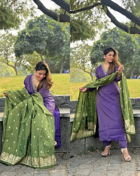 Wow 🤩 It features a striking combination of a deep purple kameez (top) with intricate embroidery around the neckline, paired with a contrasting green dupatta adorned with golden motifs. The green dupatta has a delicate golden border, adding a touch of elegance to the ensemble. The overall look is rich yet understated, perfect for formal or festive occasions. . . . • Purple Green Embroidered Salwar Kameez • Festive Indian Suit • Traditional Punjabi Suit • Elegant Salwar Kameez with Dupat... Purple Dupatta Combination Suit, Purple Dupatta Combination, Party Wear Suits Designer, Purple Kameez, Purple Dupatta, Suit Traditional, Party Wear Suits, Green Dupatta, Embroidered Salwar