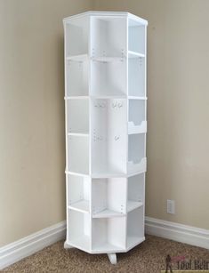 Octagon Rotating Bookshelf - Her Tool Belt Rotating Bookshelf, Kids Bedroom Storage, White Shelf, Craft Room Design, Bookshelves Diy, Craft Room Storage, Free Plans, Sewing Rooms, Craft Room Organization