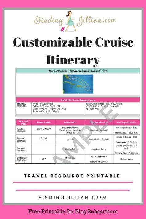 Download your customizable cruise itinerary!  Free to subscribers of FindingJillian.com. Create your own schedule for dining, entertainment, excursions and more so that you can plan your time! Perfect for any cruise line or ship. #cruiseplanner #cruiseiti Itinerary Template Free, Cruise Itinerary, Budget Planner Free, Free Planner Templates, Cruise Kids, Travel Printables, Week Schedule, Cruise Planning, Cruise Excursions