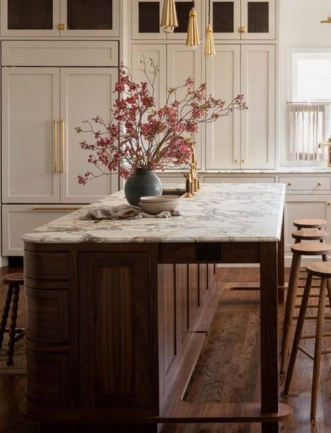 Wood Kitchen Island With White Cabinets, Kitchen Island Next To Dining Table, 8 Ft Island Kitchen, Beams In Kitchen Ceiling, Long Kitchen Islands, Two Level Island, Dining Island, Kitchen 2025, Interior 2024