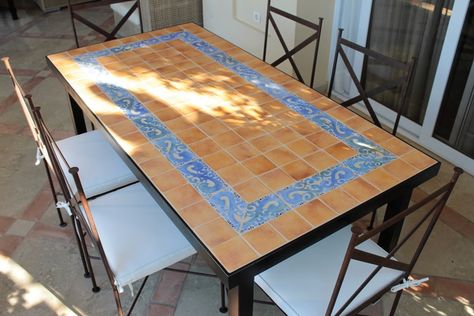 Outdoor dining table - mosaic table - hiedra tile design - rectangular dining table Mosaic Outdoor Table, Mosaic Outdoor, Luxury Tiles, Mosaic Tables, Mosaic Ceramic, Outdoor Table Tops, Mosaic Table Top, Tile Table, Luxury Tile