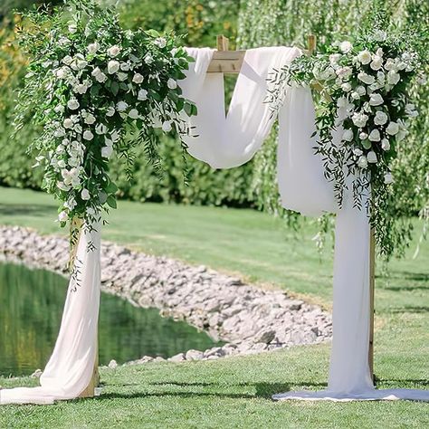 Wedding Ceremony Stage, Drapes Wedding, White Wedding Arch, White Elegance, Arch Decoration Wedding, Aisle Runner, White Chiffon, Chair Decorations, Reception Table