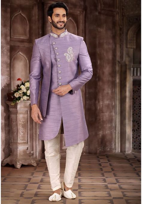 Lilac Art Silk Men Sherwani Western Outfits For Men, Indo Western For Men, Indo Western Sherwani, Mens Sherwani, Sherwani For Men, Wedding Sherwani, Wedding Dress Men, Indo Western Dress, Purple Hands