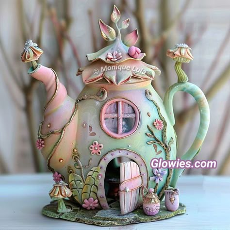 Fairy Teapot House, Teapot Fairy House, Inside Tree, Ceramic Fairy House, Glow Fairy, Teapot House, House Teapot, Old Tea Pots, Pumpkin Fairy House