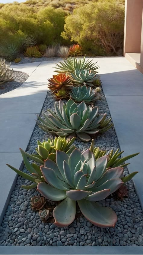 Front Yard Charm: Easy-Care Succulent Garden Designs for Busy Homeowners - Cheerful Talks Ideas For Flower Beds In Front Of House, Backyard Succulent Landscaping, Front Yard Landscaping Texas, Zeroscaping Front Yard, Succulent Front Yard Landscaping, Desert Landscaping Front Yard, Rock Landscaping Ideas Front Yard, Succulent Backyard, Lawn Makeover