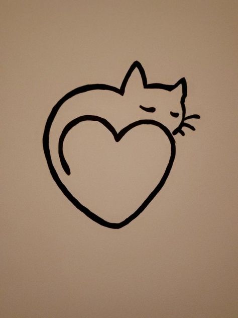 Heart Cat Drawing, Cute Heart Sketch, Cute Cat Doodle Simple, Cute Drawings Cat Easy, Cute Heart Doodles Aesthetic, Easy Cat Doodle Simple, Cat In Love Drawing, Painting Ideas Easy Simple For Boyfriend, Cat Small Drawing