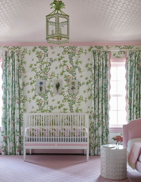 Schumacher Nursery, Madre Dallas, Pink And Green Nursery, Nursery Inspiration Girl, Sweet Nursery, Girls Rooms, Space Nursery, Kids Room Inspiration, Girls Nursery