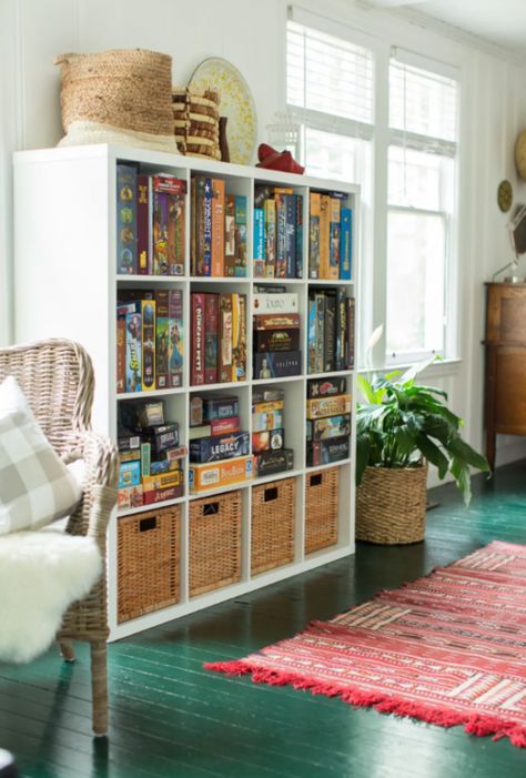 How To Organize And Store Board Games - Lela Burris Ikea Kallax Board Games, Board Game Room Design, Gaming Shelves, Board Game Shelf, Board Game Room, Craftsman Style Bungalow, Board Game Storage, Bungalow Renovation, Game Room Family