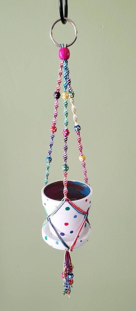 Beaded Plant Hangers, Beaded Macrame Plant Hanger, Plant Holder Diy, Beaded Macrame, Rainbow Polka Dots, Painted Clay Pots, Polka Dot Party, Painted Clay, Purple Plants