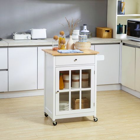 Andover Mills™ Arriola Wood Kitchen Cart & Reviews | Wayfair Glass Door Cabinets Kitchen, Small Kitchen Cart, Kitchen Carts On Wheels, Glass Door Cabinet, Glass Cabinet Door, Rolling Kitchen Cart, Kitchen Island On Wheels, Island Cart, Rolling Kitchen Island