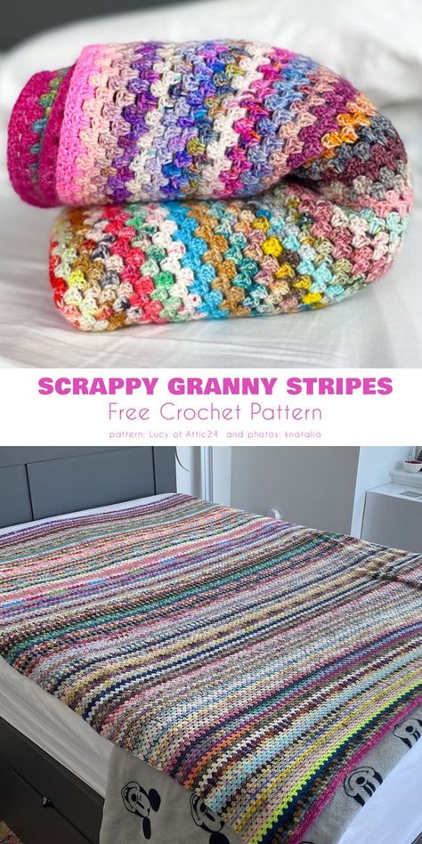 Granny stripe blankets are made by crocheting rows of granny stripes rather than individual squares. Each row consists of clusters of double crochets worked into chain spaces, creating a wavy, striped effect. Granny Stripe Blanket Border, Basic Granny Square Blanket, Crochet Scrap Blanket, Crochet Granny Stripe Blanket, Scrap Yarn Blanket, Crochet Quilt Blanket, Crochet Sampler Blanket, Crochet A Granny Square, Granny Stripe Blanket