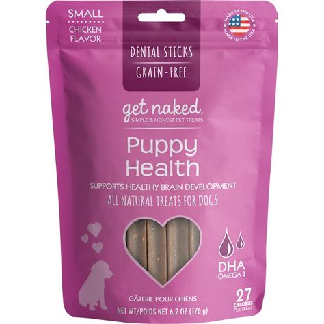 Buy Get Naked Puppy Health Grain-Free Small Dental Stick Dog Treats, 18 count at Chewy.com. FREE shipping and the BEST customer service! Kitten Treats, Free Puppies, Cat Snacks, Dental Treats, Chicken Treats, Dry Cat Food, Wet Cat Food, Cognitive Development, Chicken Flavors