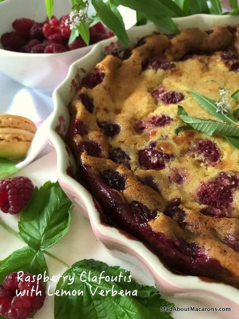 Raspberry clafoutis with lemon verbena, a twist to the classic French baked custard - perfect for a simple dessert or breakfast  #french #clafoutis #raspberries #easydesserts #brunchrecipes #eggy Raspberry Clafoutis Recipe, Raspberry Clafoutis, Lemon Verbena Recipes, Clafoutis Recipe, Raspberry Dessert, Clafoutis Recipes, Japanese Dessert Recipes, Cherry Clafoutis, Raspberry Desserts