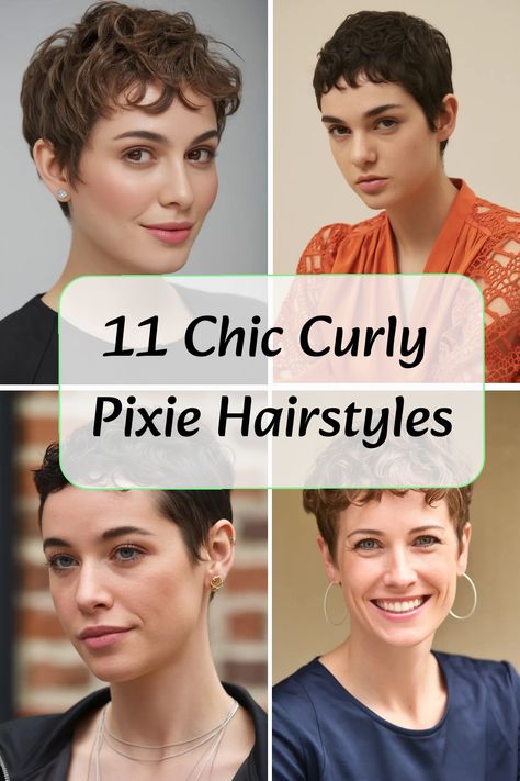 Explore the versatility of curly pixie cuts with these chic hairstyle ideas! Whether you're looking for a bold statement with a short curly pixie or a soft, feminine touch with curly pixie cut styles, we've got you covered. From voluminous curls to playful textures, curly pixie hairstyles are perfect for those wanting to embrace their natural waves in a trendy and low-maintenance way. Get inspired and unleash your inner style icon with these stunning looks for pixie cut curly hair. Layered Curly Pixie Haircut, Fine Short Curly Hairstyles, Pixie Hairstyles For Curly Hair Over 50, Chemo Curls Hairstyles Curly Pixie, Shaggy Pixie Wavy Hair, Trendy Short Curly Hairstyles, Natural Curly Pixie Haircut, Hair Short Curly Styles, Short Haircut Curly Hair Round Face