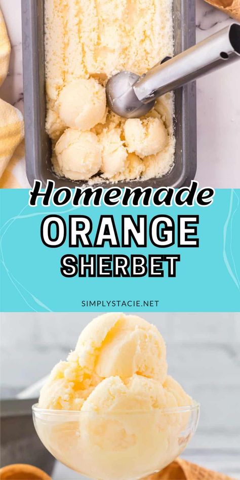 Orange Sherbet With only 4 ingredients, you'll love easy this delicious and creamy homemade treat is to make. It's tangy and sweet with a refreshing twist of orange for the perfect summer dessert. Homemade Orange Sherbet, Orange Sherbet Recipe, Sherbet Ice Cream, Sherbet Recipes, Orange Ice Cream, Orange Sherbert, Easy Ice Cream Recipe, Easy Ice Cream, Homemade Popsicles