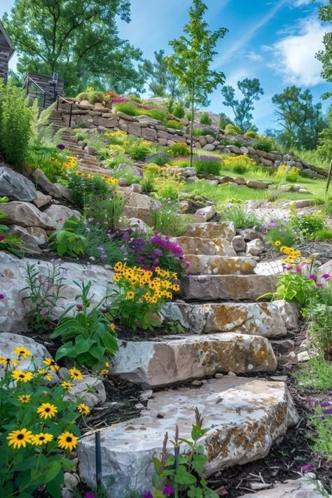 Budget Hillside Landscaping Ideas for Your Slope Discover hillside landscaping ideas on a budget that transform slopes into stunning features without breaking the bank. Perfect for frugal garden enthusiasts! Backyard With A Hill, Landscape Ideas Hillside, Front Yard Slope Landscaping Ideas, Hillside Garden Sloped Yard, Hillside Landscaping Low Maintenance, Log Landscaping, Yard Hill Landscaping, Hill Landscaping Ideas Backyard, Front Yard Hill Landscaping