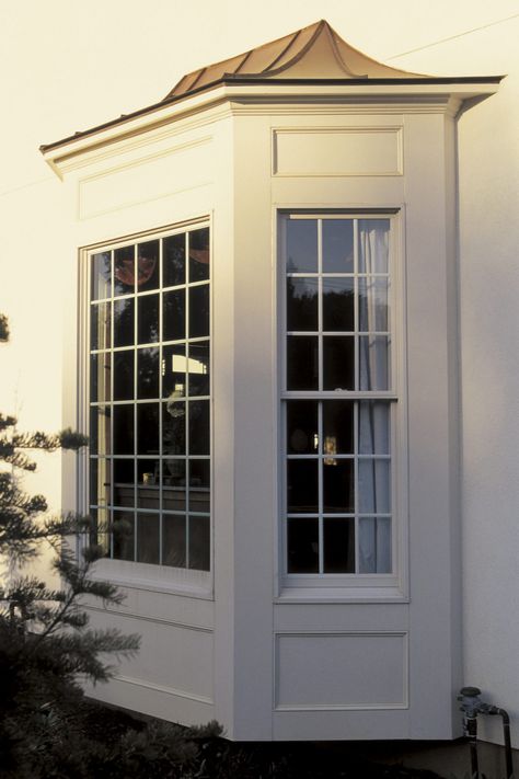 Bay Window Trim, Window Bump Out, Bay Window Bedroom, Bay Window Exterior, Sunbrella Awning, Bay Window Treatments, Bay Bow Windows, Kitchen Bay Window, Bay Window Curtain Rod